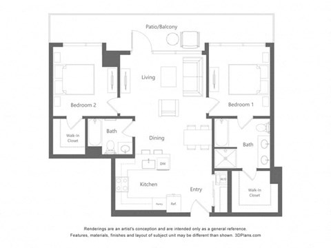 Floor plan for 2 beds, 2 baths, 1118 sqft